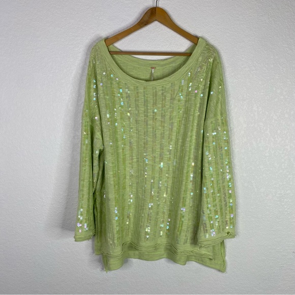 Free People Tops - Free People Green Iridescent Sequin Pullover Long Sleeve Top
